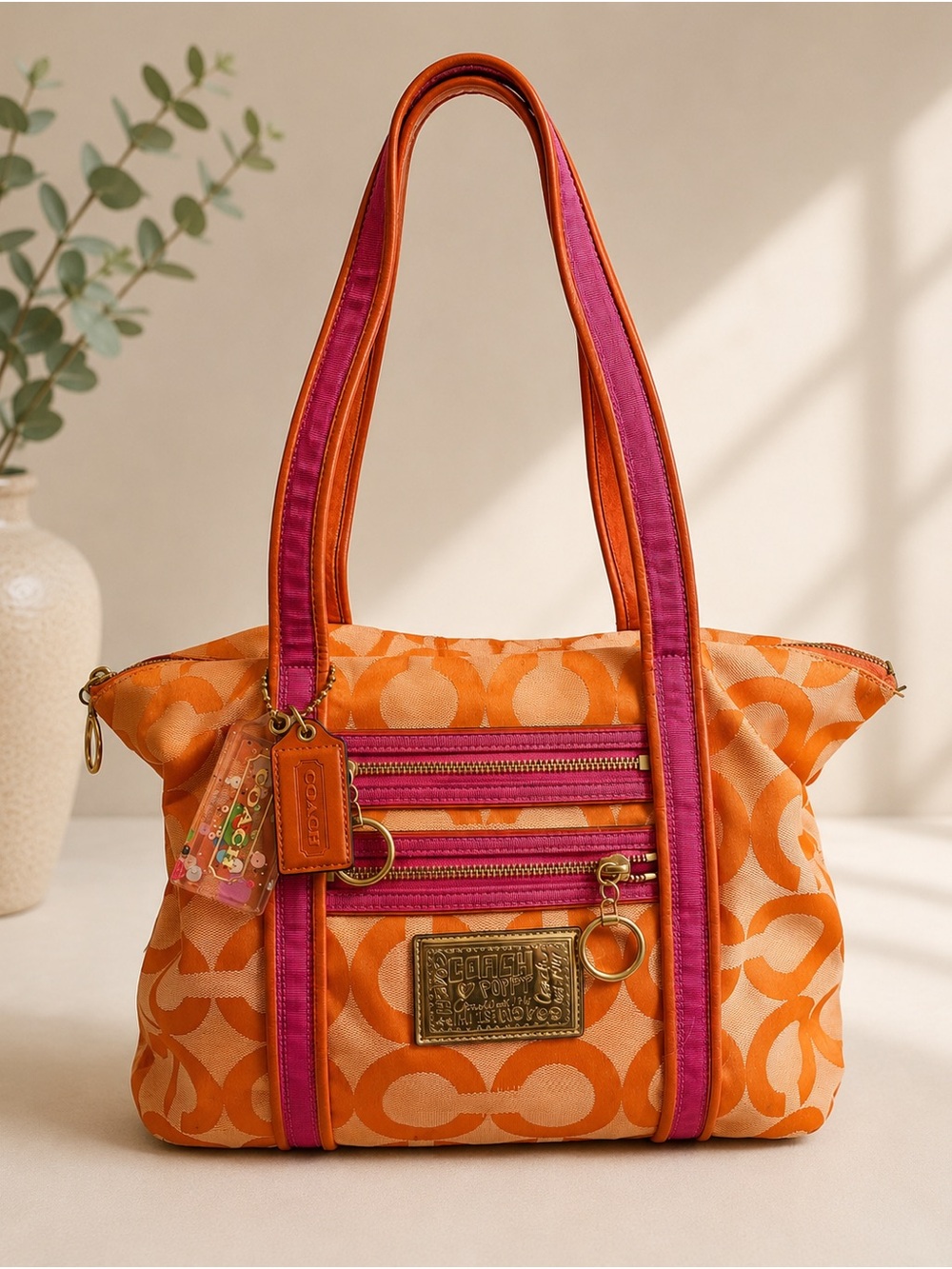 Vintage Coach Y2K Poppy Orange and Pink Signature Shoulder Tote